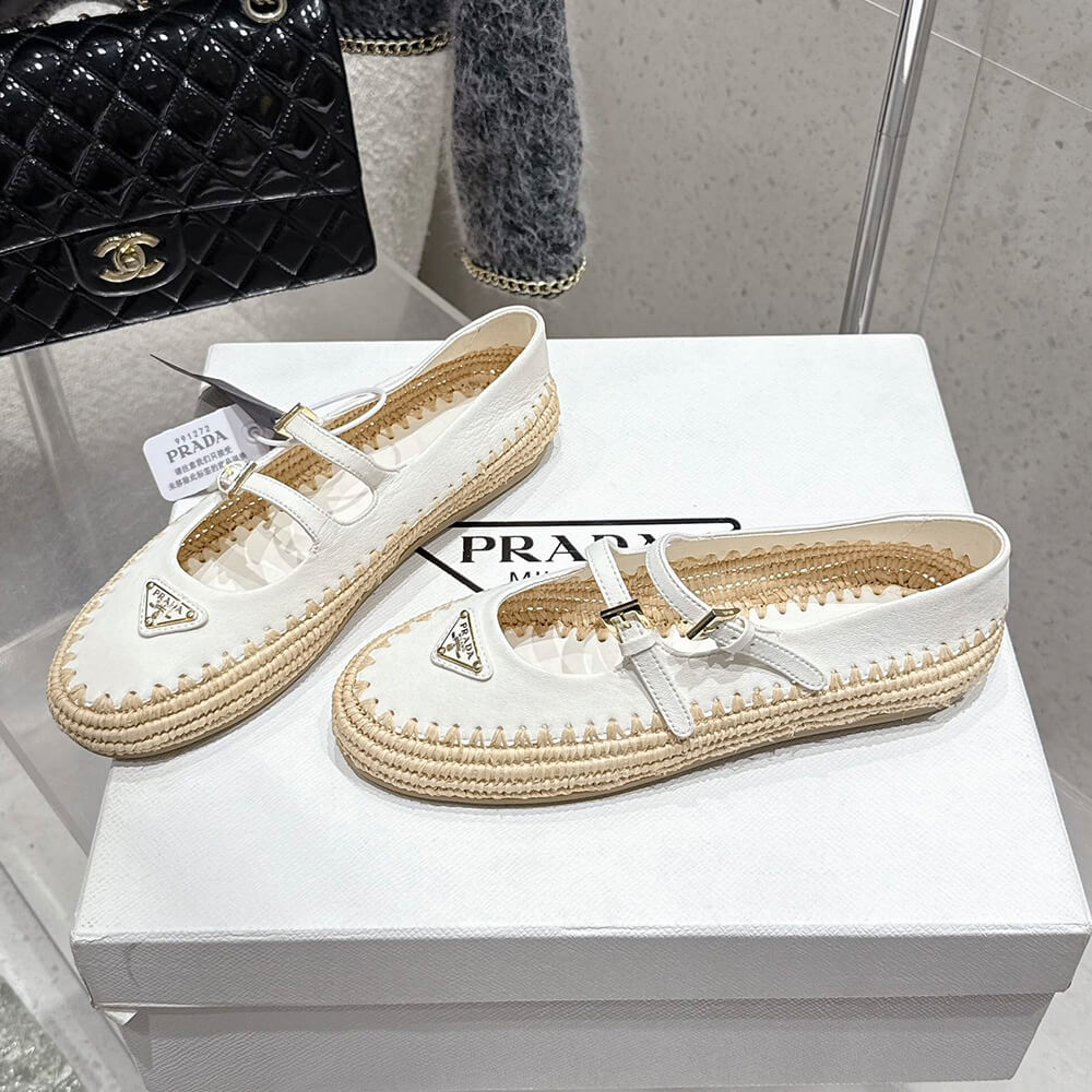 Pra*a Nappa leather and raffia ballerinas