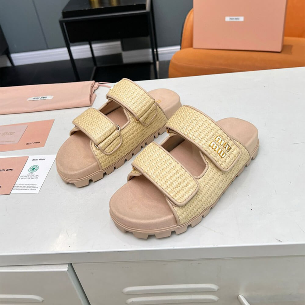M1um1u Raffia-effect woven fabric slides