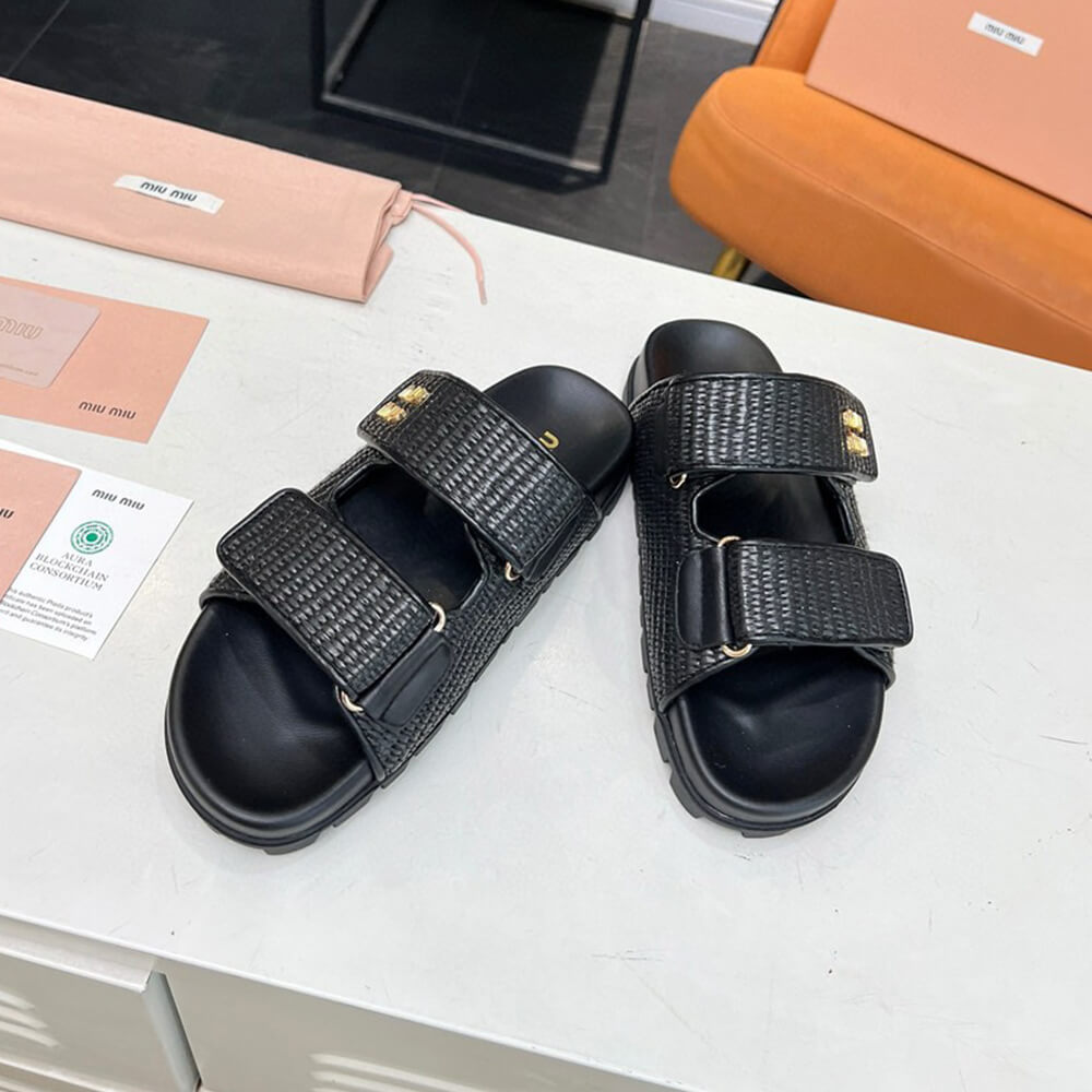 M1um1u Raffia-effect woven fabric slides